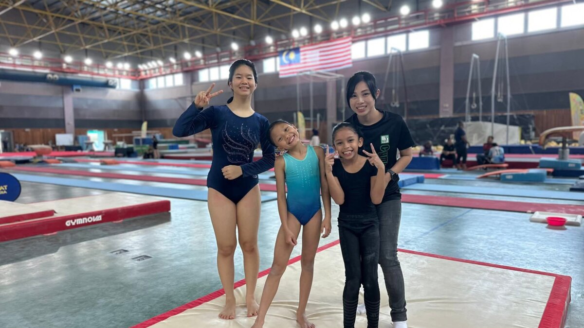 Young gymnasts celebrating together at BB Gymnastic Centre in Sunway, Petaling Jaya
